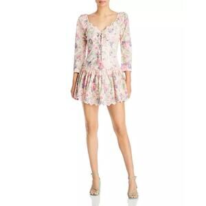 LoveShackFancy Deeba Pink Floral Eyelet Lace-Up Ruffle V Neck Mini Dress 0